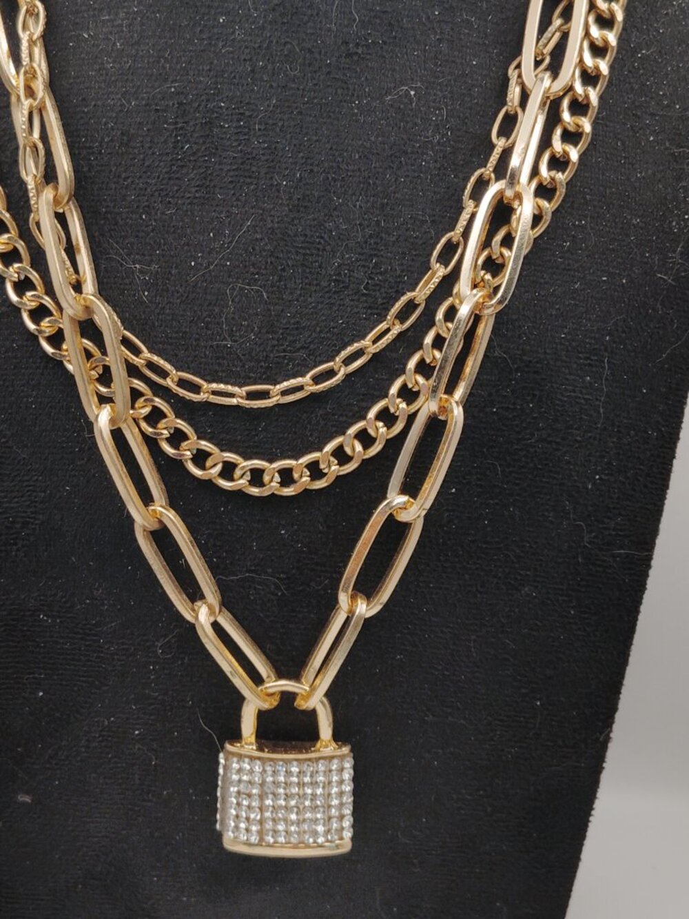 Kensie Triple Strand Necklace • Paperclip & Cable Chains • Padlock Pendant
